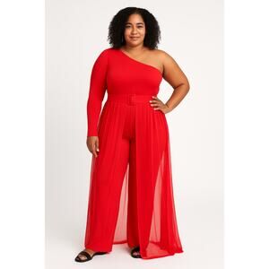 Asymmetrical Jumpsuit with Overlay Red Size - 2XL